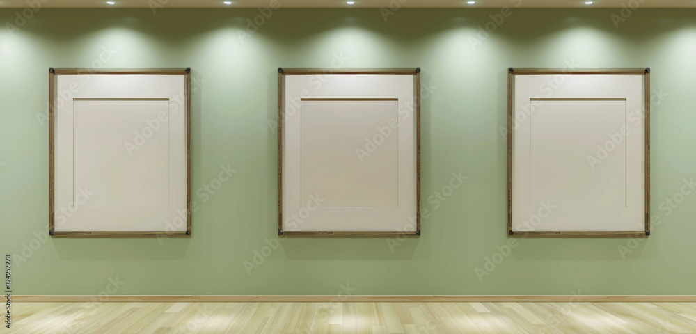 Wall mural minimalist art gallery with three blank frames on a sage green wall, subtle spotlighting, 3d renderi