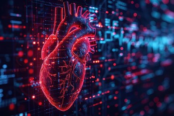 Cardiovascular disease invading a digital network, Cyberpunk, High Contrast, Dark Background, Digital Art, Representing digital health threats