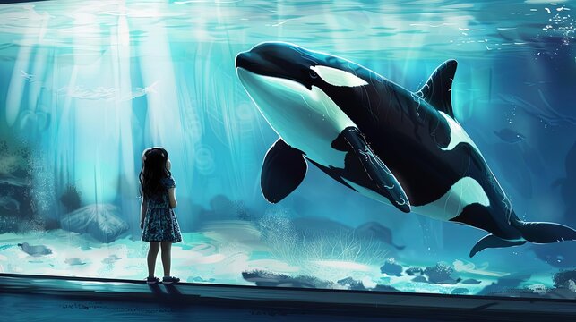 curious little girl watches captive orca whale swimming in huge aquarium animal rights concept illustration