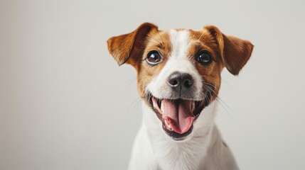 cute happy puppy dog smiling on white background with copy space adorable pet portrait