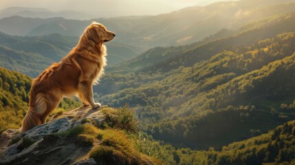 A dog, fur ruffled by the gentle breeze, stands proudly on a cliff edge, gazing out at a breathtaking mountain panorama bathed in warm summer light. 
