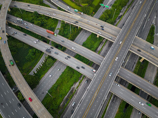 Aerial transport asphalt city junction road green tree forest park