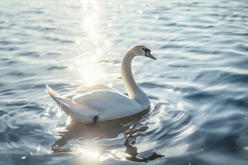 Obraz premium Swan Gliding Effortlessly on Sunlit Sparkling Lake Waters
