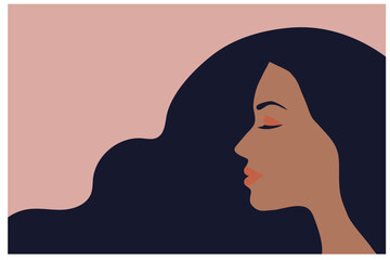 Beautiful black woman face side with long hair view vector illustration