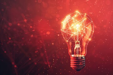 Glowing light bulb on red background. Generative Ai 