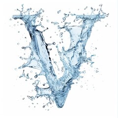 Latin letter V, texture of water, ice and splashes on white background. Close-up of one isolated large letter V.
