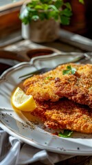 Viennese schnitzel, golden and crispy, lemon wedge on the side, served on a simple white plate, classical Viennese cafe interior