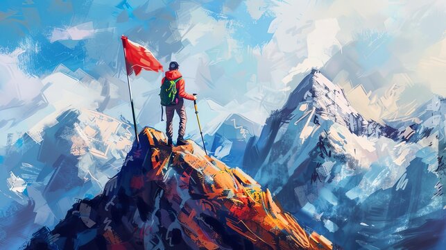 determined hiker reaching mountain summit with flag overcoming challenges digital painting