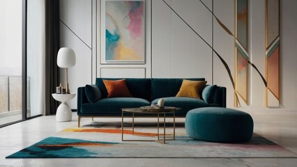 Interior of minimalist modern living room with marble floor and abstract artistic colorful art