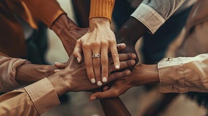 Obraz premium diverse team of professionals stacking hands corporate unity and collaboration concept