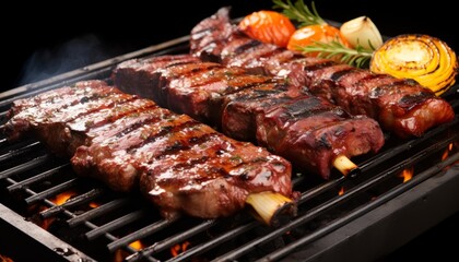 Delicious grilled beef ribs with vegetables on a barbecue grill, perfect for a summer cookout or backyard barbecue party.