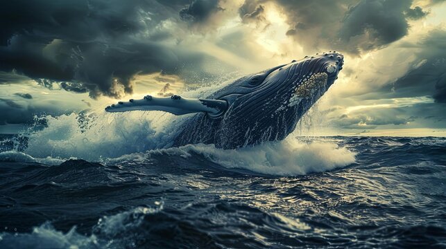 dramatic cinematic portrait of a majestic whale breaching the ocean surface powerful wildlife photography concept