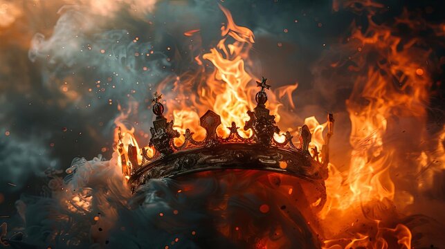 dramatic depiction of fiery flames and smoke engulfing medieval kings crown powerful conceptual art