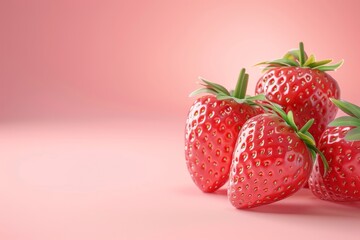 A close up of four red strawberries on a pink background
