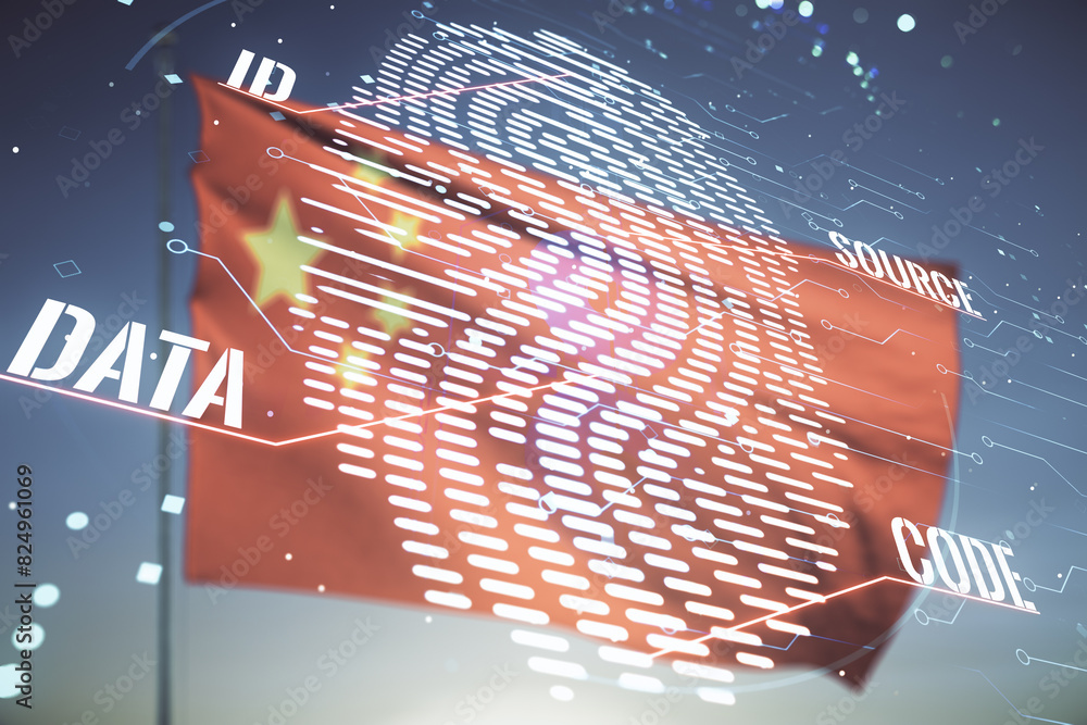 Aufkleber multi exposure of virtual graphic fingerprint sketch on chinese flag and sunset sky background, fing