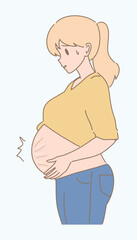 Pregnant woman with huge belly with stretch marks on last months of pregnancy, stomach ache. Hand drawn flat cartoon character vector illustration.