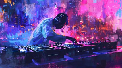 dynamic dj performance with turntables headphones and sound mixer in nightclub digital painting