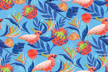 Tropical seamless pattern with protea flowers, jungles leaves, parrot, pomegranate, leopard spots on blue background. Floral textile tropical ornament. Exotic wrapping paper
