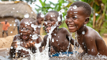 Obraz premium Vibrant image of African children laughing joyfully as they play in the water, showcasing their infectious enthusiasm and the simple joys of childhood.
