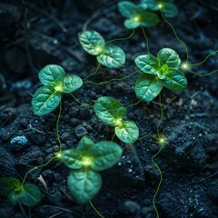 Close-up of glowing green plants growing in dark soil, illuminated by a magical light, symbolizing nature's mystery and enchantment.