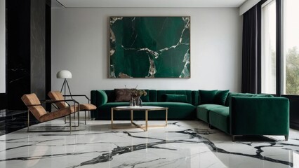 Interior of minimalist modern living room with marble floor and green sofas