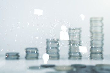 Double exposure of social network icons hologram on growing coins stacks background. Networking...