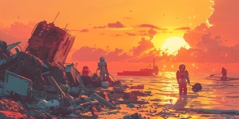 Robots exploring a futuristic, apocalyptic shoreline at sunset, surrounded by debris and an orange glow