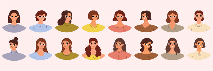 Set of female user portraits. Collection of varios young women faces. Isolated flat vector in simple cartoon style.