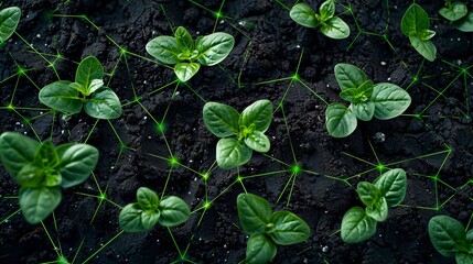 Close-up of green plants connected by glowing lines representing a connected ecosystem and innovative agricultural technology concept.