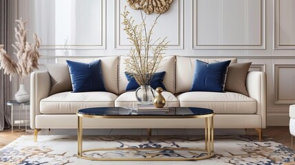 elegant modern living room interior with plush sofa sleek coffee table luxurious gold accents aigenerated 3d rendering