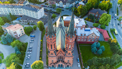 Aerial drone view of Tarnow townscape , Poland. Church of Holy Family.