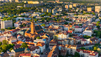 Aerial drone view of Tarnow townscape , Poland. Cathedral church of  of Holy Family.