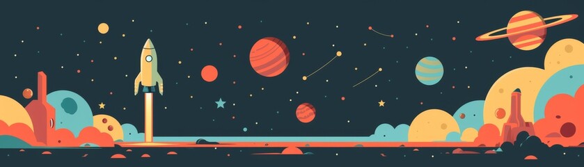 The planets in the starry sky and the rocket flying among them.