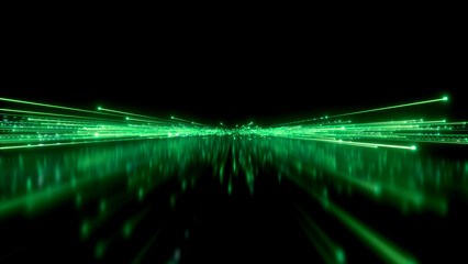 3d render, abstract wallpaper. Glowing neon green lines isolated on black background with floor reflection. Laser show, virtual digital data transfer © NeoLeo