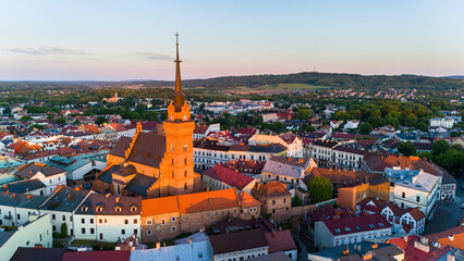 Aerial drone view of Tarnow townscape , Poland. Cathedral church of  of Holy Family.