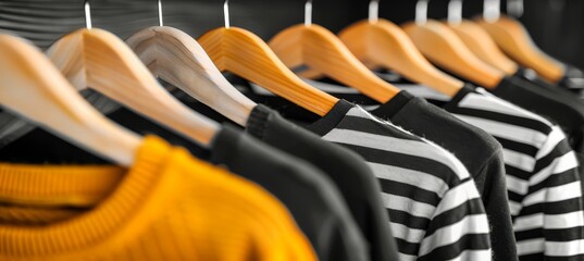 Colorful array of trendy garments on closet rack in stylish and well organized fashion wardrobe