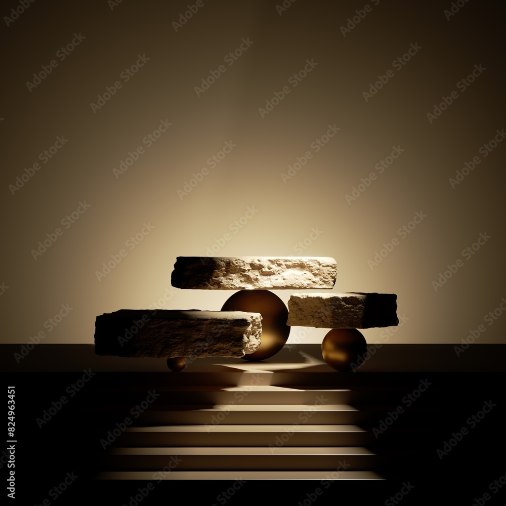 Poster 3d render, abstract minimalist background of steps and empty cobblestone podium for product presenta