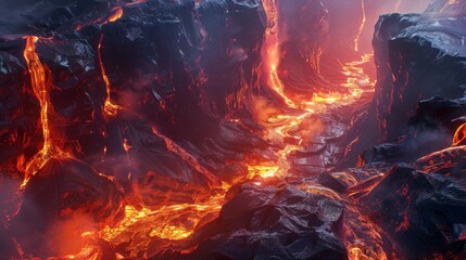This aerial footage captures a dynamic lava stream flowing on the ground, showcasing the raw power of nature in action - Powered by Adobe