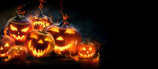 halloween pumpkin with fire in black background