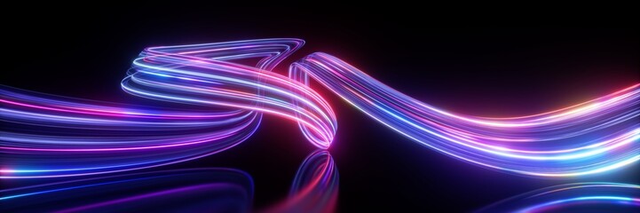 3d render. Abstract panoramic background of looped dynamic neon lines glowing in the dark room with floor reflection. Virtual fluorescent ribbon loop. Fantastic minimalist wallpaper