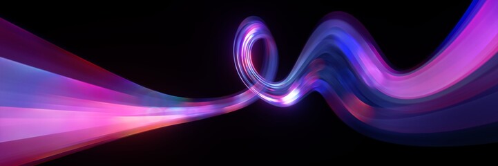 abstract ultraviolet neon background. Unfocussed speed lines. Fluorescent twisted glowing line in motion, long exposure. Virtual dynamic ribbon. Stylish panoramic wallpaper. Power concept