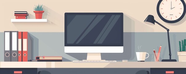 A desk with a computer, lamp, clock, books, coffee cup and other office supplies.