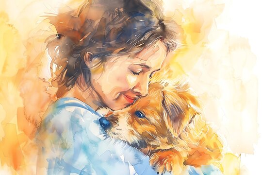 Watercolor painting of a woman lovingly embracing her dog, capturing the bond and affection between a pet and its owner.