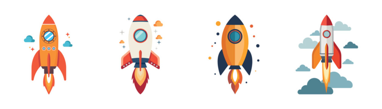 Rocket icon set. Spaceship icons in flat design. Colorful cartoon rocket launch illustration - stock vector.