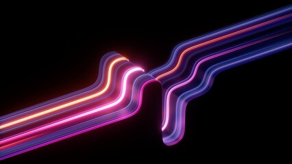 3d render, abstract geometric wallpaper of neon ultraviolet ribbon, pink violet blue glowing lines isolated on black background © NeoLeo