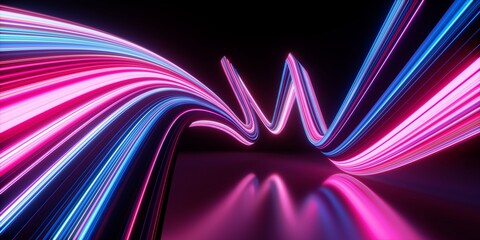 3d render. Abstract panoramic background of wavy dynamic neon lines glowing in the dark room with floor reflection. Virtual fluorescent ribbon zigzag. Fantastic minimalist wallpaper © NeoLeo