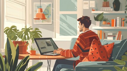 A man is sitting on a couch in his living room, looking at his laptop. He is wearing a red sweater and jeans. The room is decorated with plants and has a large window.