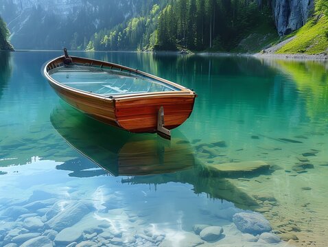 A boat made of glass, shimmering on a crystalclear lake