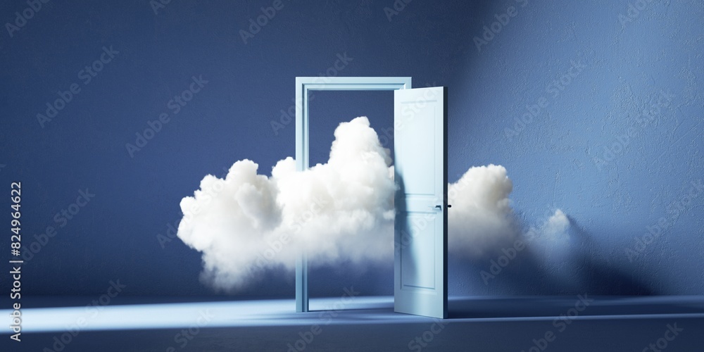 Poster 3d render. abstract minimalist conceptual surreal background. white fluffy cloud stack inside the do