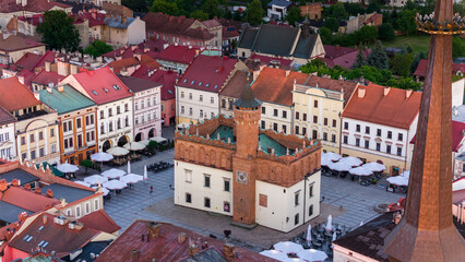 Aerial drone view of Tarnow townscape , Poland. Market Square Town Hall.